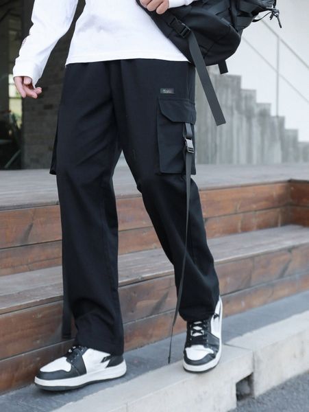 

men patch detail buckle flap pocket ribbon cargo pants 10nc#, Black