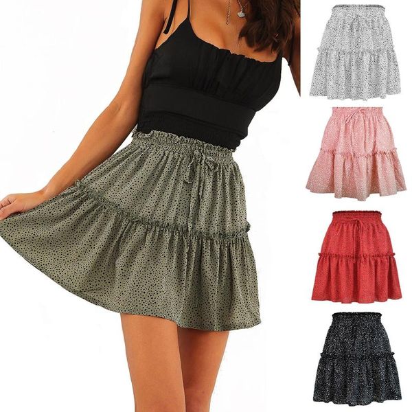

summer high waist chiffon expandable skirt printed pleated polka dot skirts miniskirt ruffled lace-up street, Black