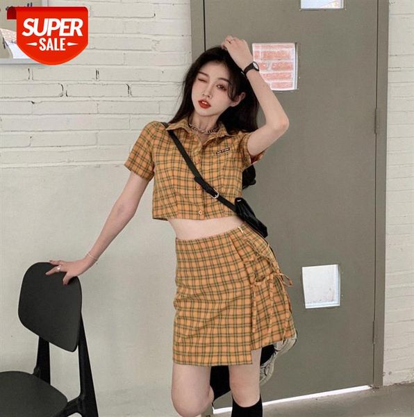 

fashion fried street plaid set women summer short short-sleeved + high-waist a-line skirt two-piece suit #iv3s, Black