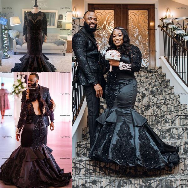 

black gothic mermaid wedding dresses with long sleeves beading pearls applique satin non white african lace-up boho outdoor bride dress plus