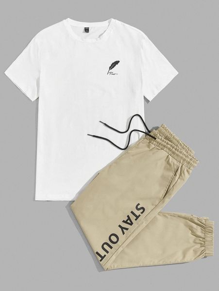 

men feather print tee & slogan graphic drawstring waist sweatpants z2mx#, Gray