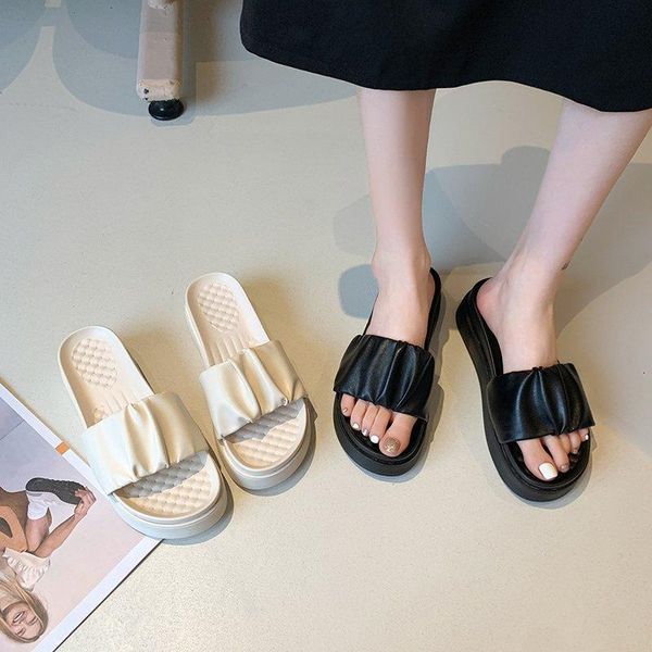 

slippers casual summer women's shoes platform pantofle slides med luxury 2021 flat soft pu fashion rubber fabric house, Black