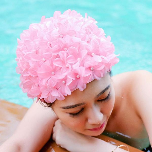 

women 3d petal swim hat bath cap ladies swimming pool flower hats zj55 caps