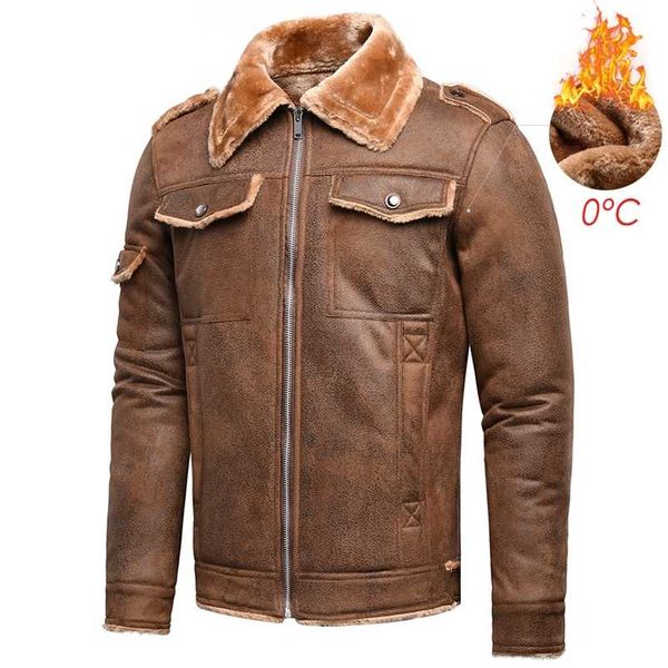 

men winter autumn vintage classic pockets thick warm fleece leather jacket coat men casual motor faux pu leather jacket 4xl 211111, Black