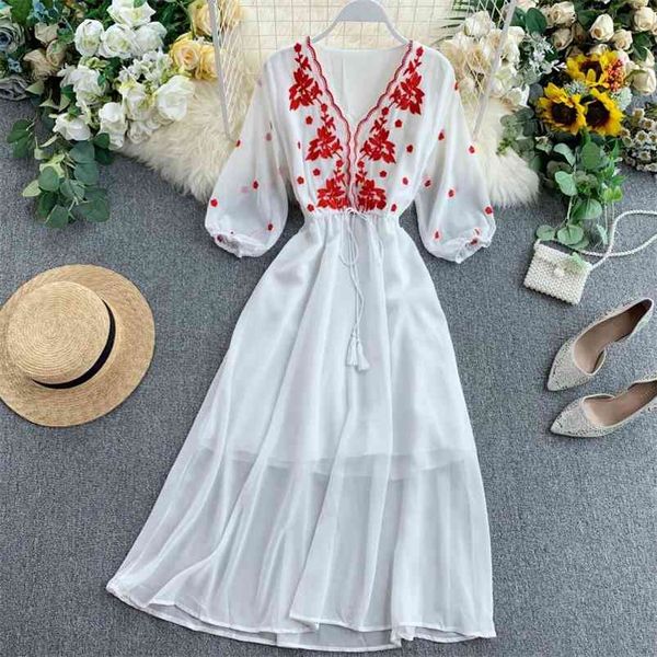 

women's summer dress embroidered flowers v-neck puff sleeve dresses retro waist slimming chiffon holiday long gx038 210507, Black;gray