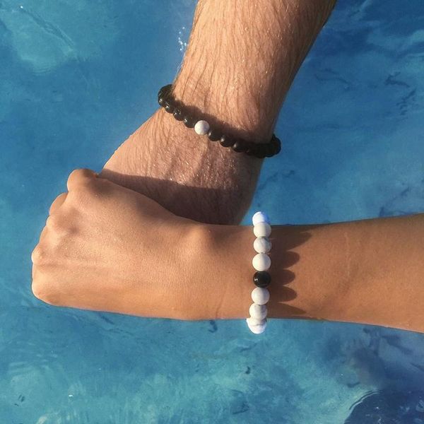 

link, chain long distance bracelets relationship couples black onyx white howlite stones healing energy strong elastic 2pcs