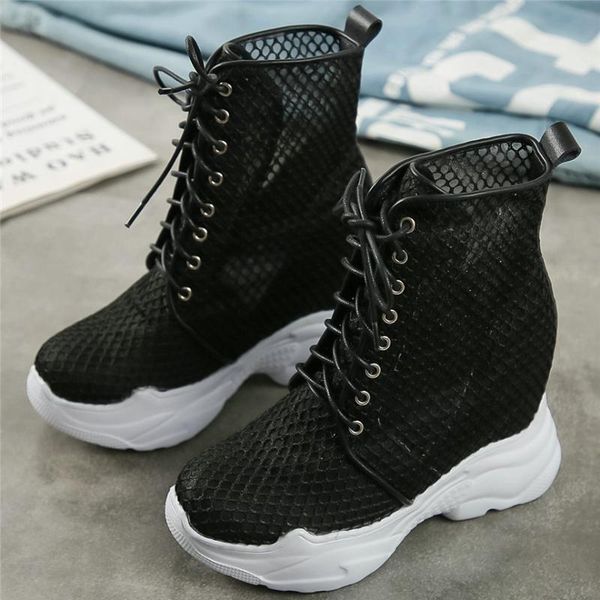 

boots summer fashion sneakers women round toe wedges high heel ankle female hollow mesh platform pumps shoes lace up casual shoe j7b7, Black