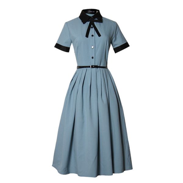 

women turn down collar khaki blue midi dress sash plaid d1242 210514, Black;gray