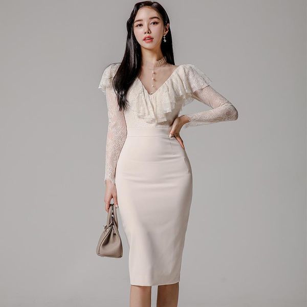 

casual dresses lace ruffles patchwork woman bodycon pencil dress 2021 spring hollow out see through ladies work wear clothes, Black;gray