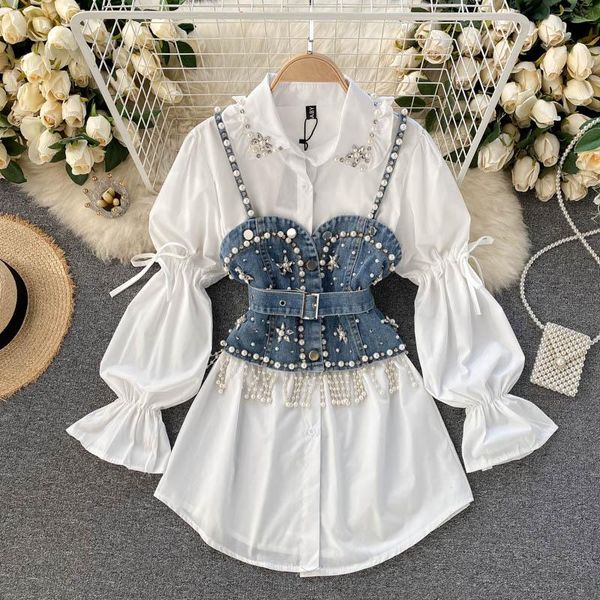 Trabalho vestidos mulheres chiques ternos moda diamante-cravejado de manga comprida branca camisa elegante blusa + borla pérola colete Denim dois pedaço conjunto