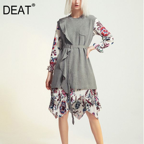 

deat leisure o neck pullover mid calf dresses loose floral dress gray knitted sweater two piece set spring new td533 210428, White
