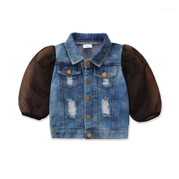 

jackets 1-6t infant kids baby girls mesh puff long sleeve coat ripped denim jacket spring autumn outwear, Blue;gray