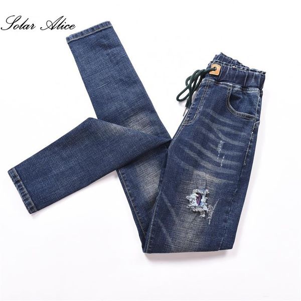 

women autumn high elastic waist plus long harem hole jeans girls denim blue pants extra large size 26-40 women's
