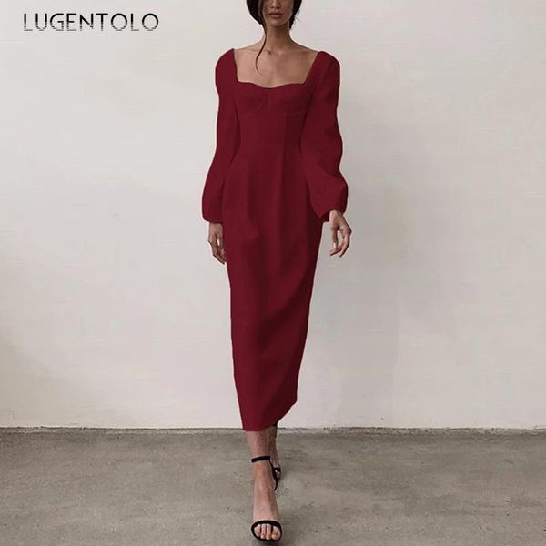 

casual dresses lugentolo women dress elegant fashion solid color slash neck long sleeve slim lady pencil, Black;gray