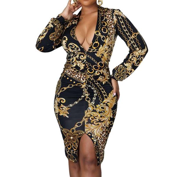 

casual dresses fashion printing v-neck womem's dress vintage full sleeve knee-length cocktail party fall slim skinny birthday club, Black;gray