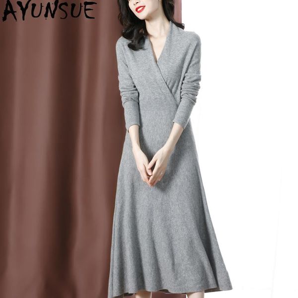 

casual dresses 100% wool sweater dress women spring autumn vintage elegant maxi 2021 ladies long sleeve vestidos my5740, Black;gray
