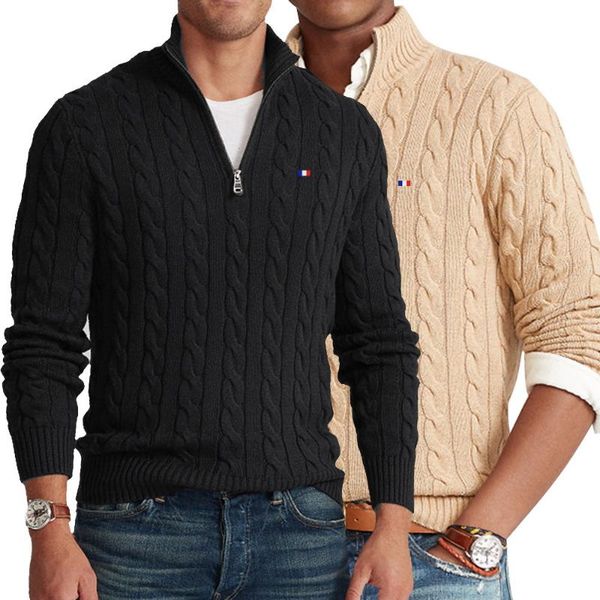 

men's sweaters 100% cotton brand autumn 2021 cable knit with zipper mock neck pullovers pull homme rl8509, White;black