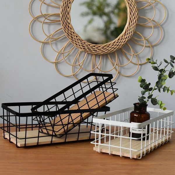 

storage baskets iron removable wooden base organizer home living room kitchen wall-mounted shelves
