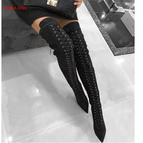 

boots 2021 women fashion suede over the knee lace up high heels shoes woman slim thigh botas mujer, Black