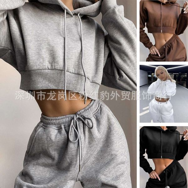 

products in autumn and winter: belly hooded sweater trousers casual set, Black