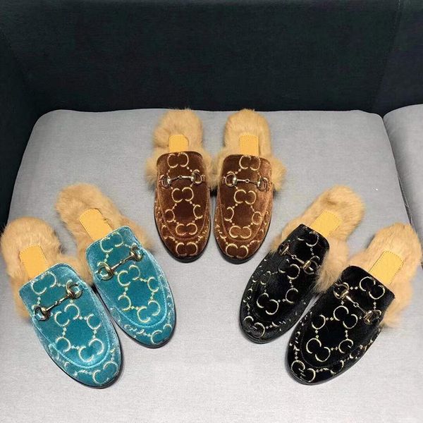 

g real leather, bee embroidery, rabbit hair, half trailer, horse buckle, lazy shoes, muller baotou trailer zlh, Black
