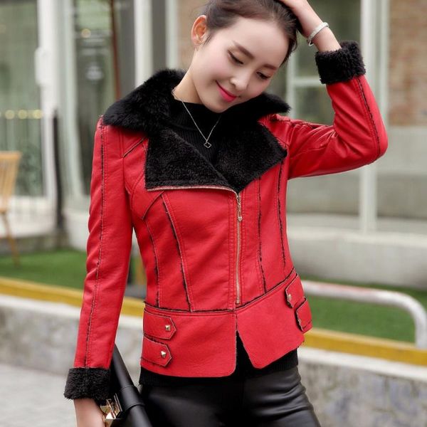 

women's leather & faux red coat biker jacket women pu with fur winter clothes zipper slim short moto outwear plus size 3xl c92193, Black