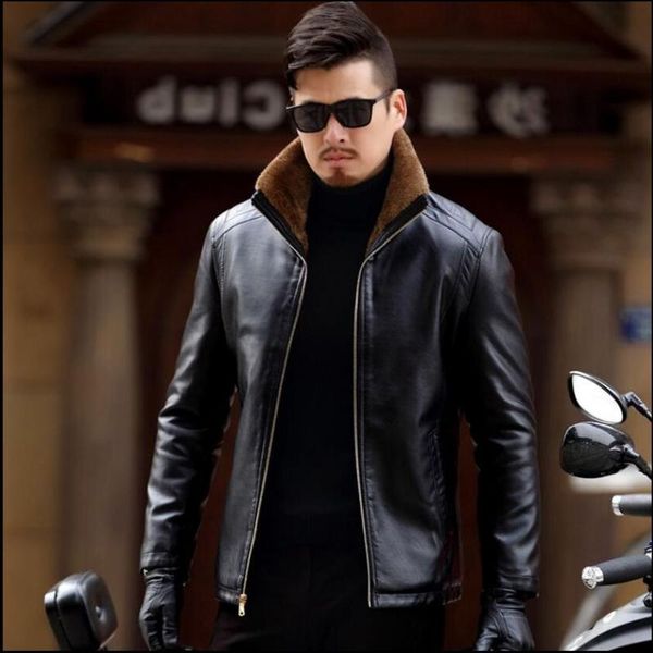 

autumn s-3xl and winter collar middle-aged men's genuine leather plus velvet fur jacket zipper daddy coat & faux, Black
