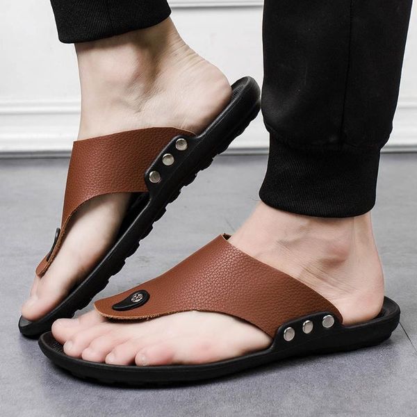 

sandals men summer rome flip flop beach slipper comfortable t-strap open toe flat round non slip shoe outside, Black