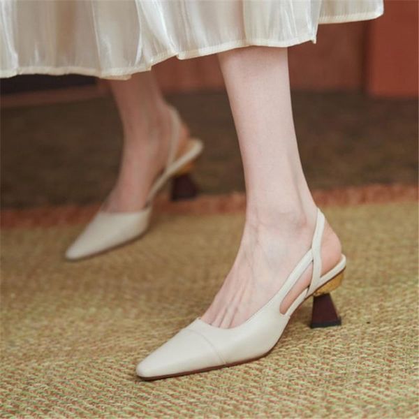 

concise office lady shoes 2021 summer genuine leather strange high heels sandals women pointed toe slip on party date 40, Black