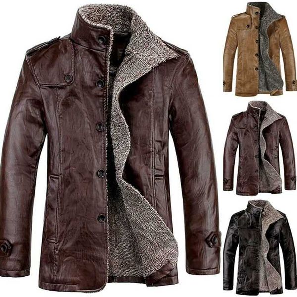 

mens warm winter overcoat leather fur lined thick coat cowboy jacket outwear 211111, Black