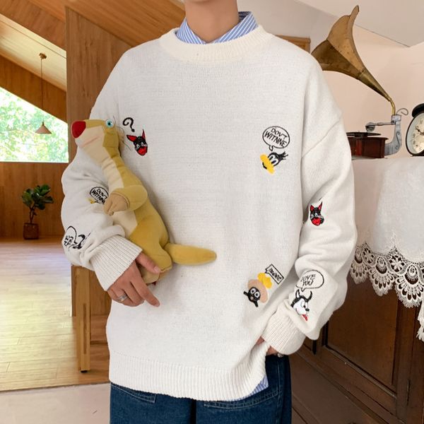 

harajuku autumn loose o-neck black white color clothing cartoon animal sweater preppy casual men pullovers, White;black