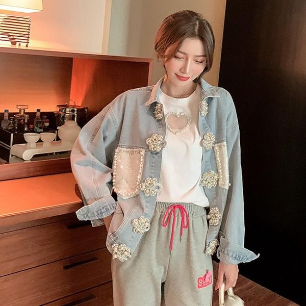 

women's jackets 2021 heavy industry pearl diamond beaded pan buckle denim jacket women loose spring autumn outwear harajuku female stre, Black;brown