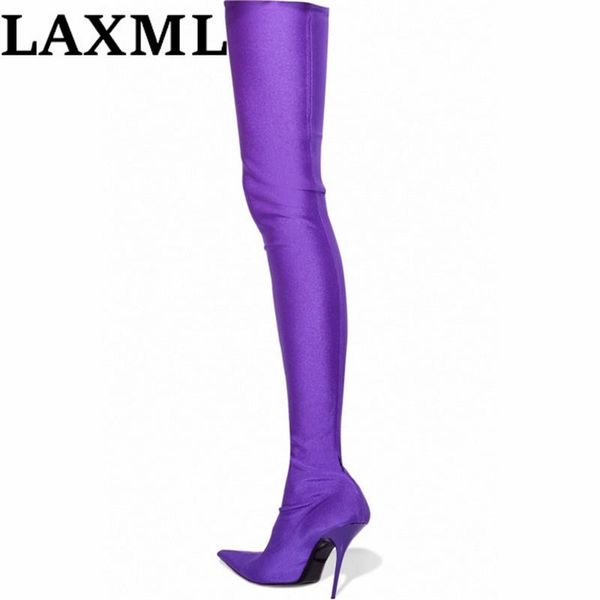 

boots 2021 european and american style pointed toe ladies high heels multi-color over-the-knee elastic thin women's shoes, Black