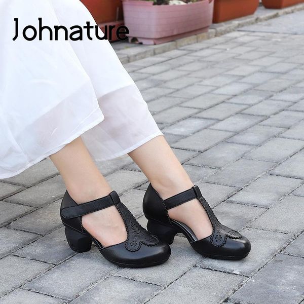 

sandals johnature platform women shoes 2021 spring retro print hook & loop genuine leather shallow leisure ladies, Black