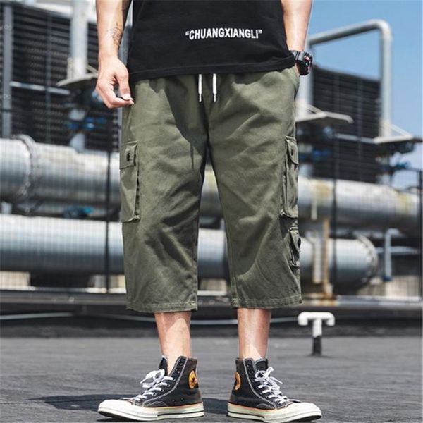 

overalls pants men cotton multi-pockets calf-length male casual elastic waist drawstring trouser plus size m-5xl rm50255 men's, Black