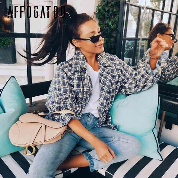 

affogatoo casual loose women plaid tweed jacket lantern sleeve streetwear coats elastic high waist ladies outwear jackets 201015, Black;brown