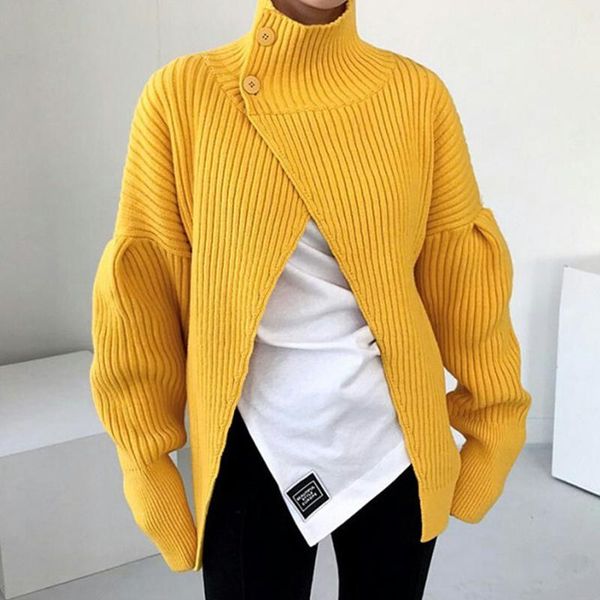 

women's sweaters [ewq] korean chic turtleneck buckle cross design feeling loose irregular pit strip long sleeve knitted sweater 2021 16, White;black