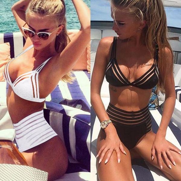 

stripe perspective stitching mesh three-point swimsuit high waist bikini 2 piece sets womens push up 2021 swimwear women's, White;black