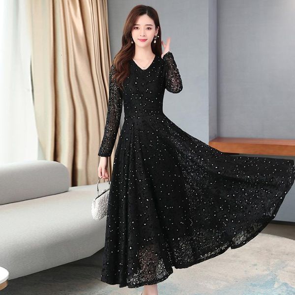 

casual dresses vintage black lace midi sequin spring summer 3xl plus size runway maxi dress elegant women bodycon party vestidos 4jfh, Black;gray