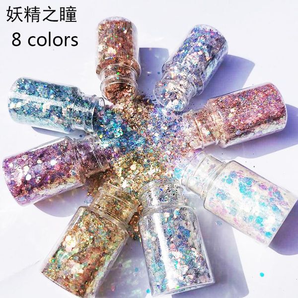 

nail glitter 20g/30ml fairy mixed flake sequins eye makeup green pet 8 colors gradient for art wholesale, Silver;gold
