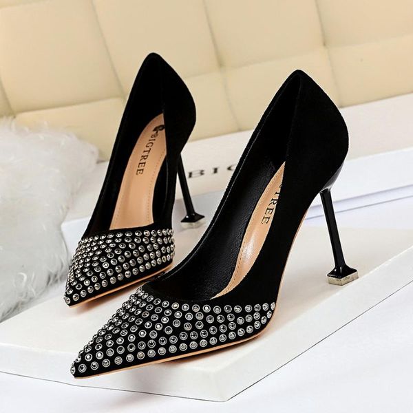

dress shoes 2021 women pumps high thin heel pointed toe ladies crystal bridal wedding retro metal rivet single shoe, Black