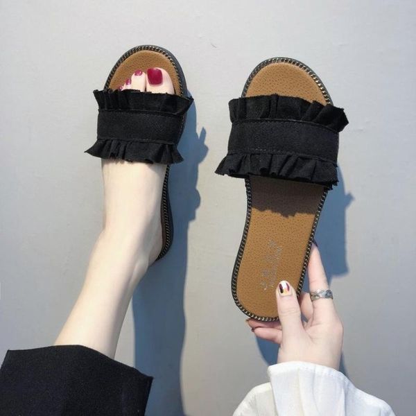 

slippers women candy color slides summer flats denim lace slide wrinkle ladies shoes zapatos mujer maggie's walker 2021, Black