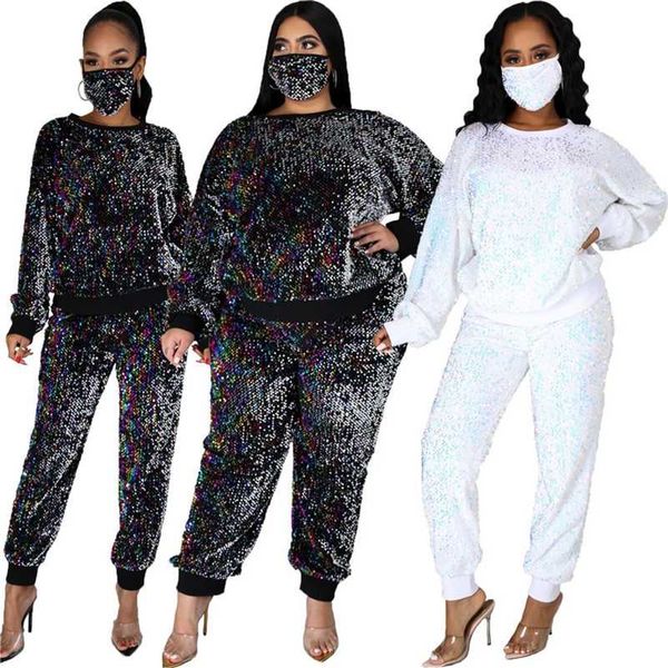 

winter plus size s-5xl clothing for women two piece set sequins birthday outfit joggers tracksuit wholesale drop 211023, Black