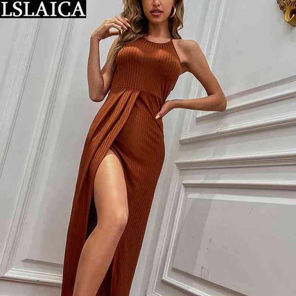 

women's dresses summer solid color backless high waist halter woman hem split elegance long for women 210520, Black;gray