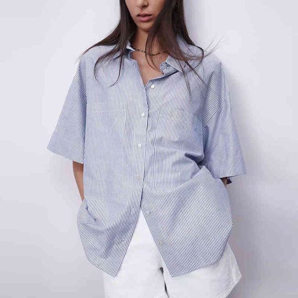 

za summer women blouse striped printed half sleeve shirt office lady female loose thin single breasted 210422, White