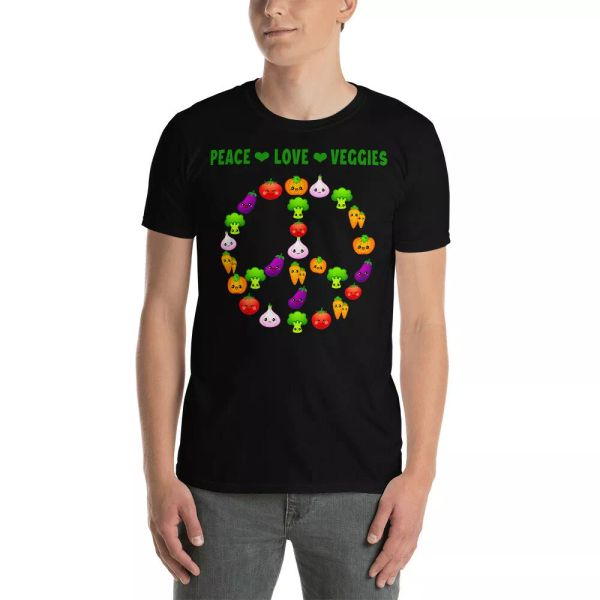 

peace love veggie cute kawaii vegetables peace sign vegetarian t-shirt, White;black