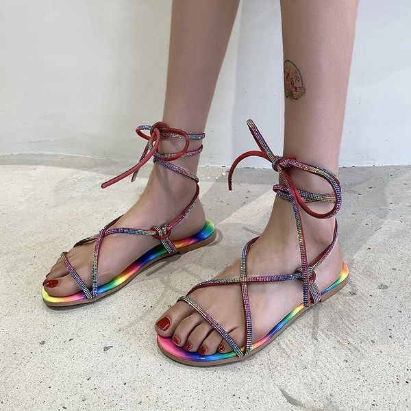 

sandals flat woman 2021 women summer fashion rhinestone women's cross straps casual beach rubber, Black