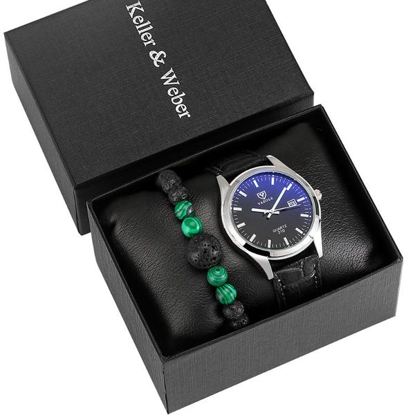 

wristwatches men watches gift set gradient dark blue dial black strap quartz watch retro bead bracelet fashion for boyfriend husband dad, Slivery;brown