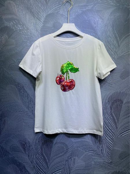 

women's t-shirt sweet girl fashion sequined cherry women cotton soft good quality lady white tees clothes streetwear