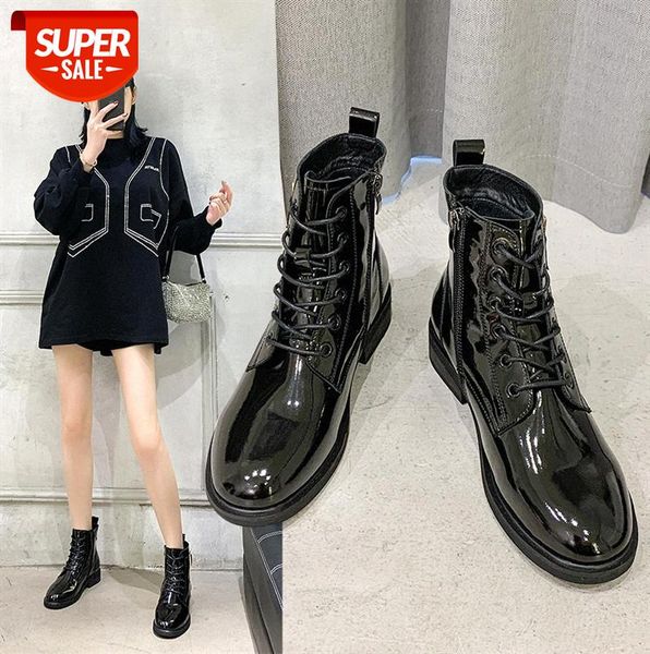 

79 women's mirror sheepskin short boots korean patent leather martin with velvet side zipper #co9e